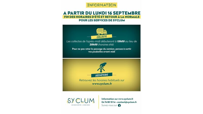 A partir du lundi 16 septembre 2024, fin des horaires d'été et retour à la normale pour les services de SYCLUM