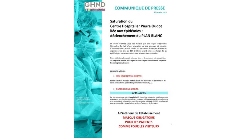 Saturation du Centre Hospitalier Pierre Oudot liée aux épidémies : déclenchement du PLAN BLANC