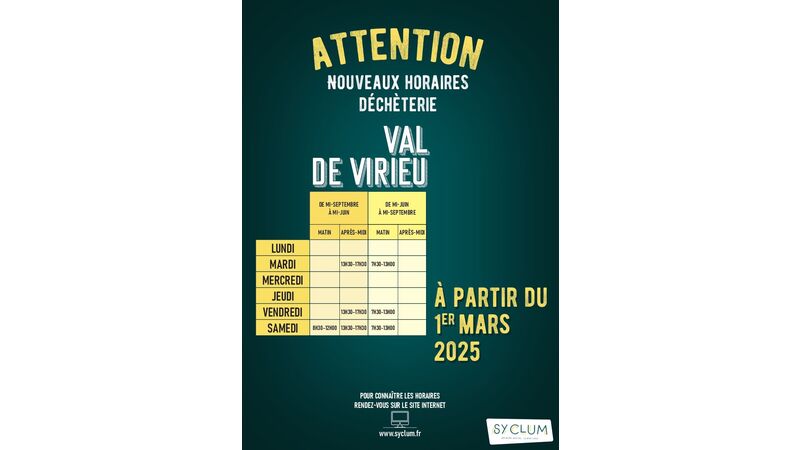 NOUVEAUX HORAIRES DE LA DECHETERIE VAL-DE-VIRIEU